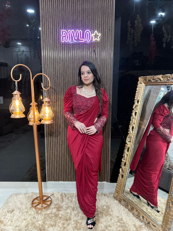 ✨ Wine Red Drape Saree with Embellished Full-Sleeve Blouse RC318