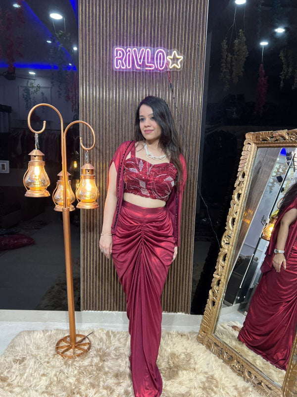 ✨ Maroon Metallic Drape Saree with Sequined Blouse & Cape RC319