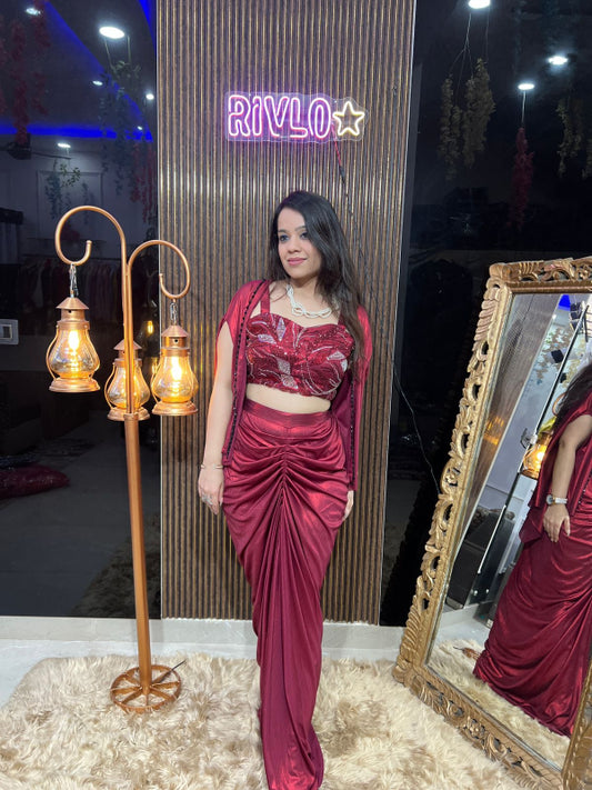 ✨ Maroon Metallic Drape Saree with Sequined Blouse & Cape RC319