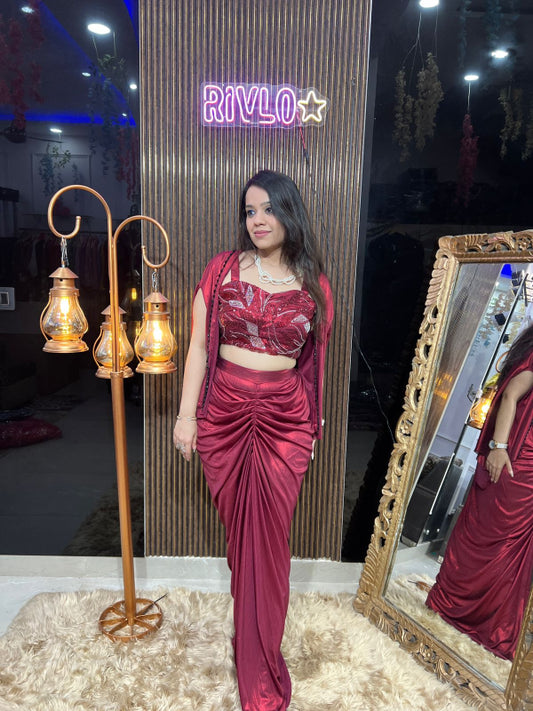 ✨ Maroon Metallic Drape Saree with Sequined Blouse & Cape RC319