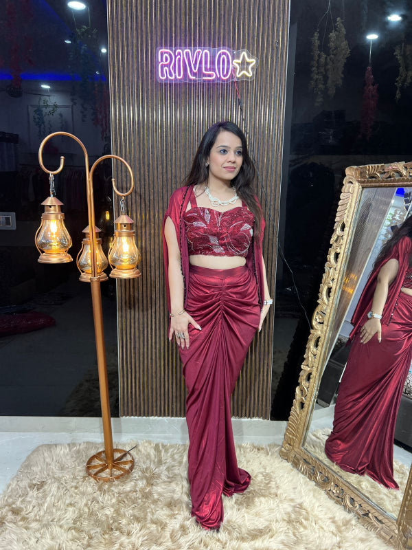 ✨ Maroon Metallic Drape Saree with Sequined Blouse & Cape RC319