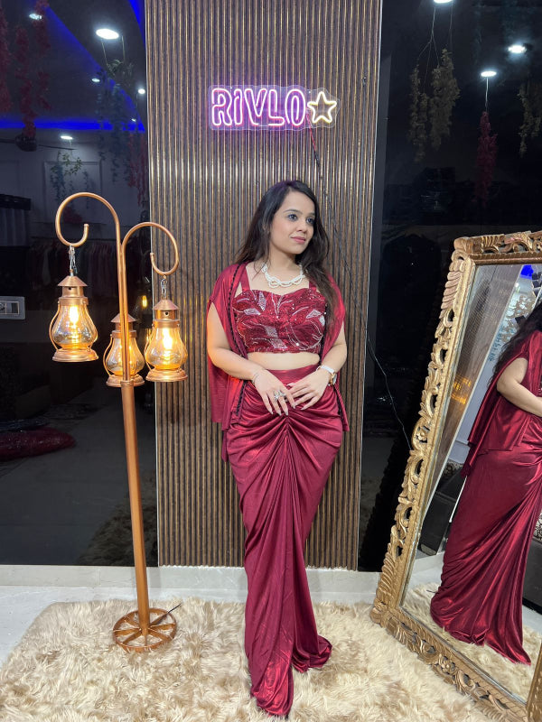 ✨ Maroon Metallic Drape Saree with Sequined Blouse & Cape RC319