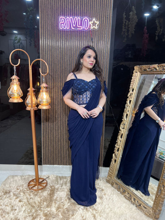 ✨ Navy Blue Pre-Draped Saree with Embellished Blouse ✨ RC320