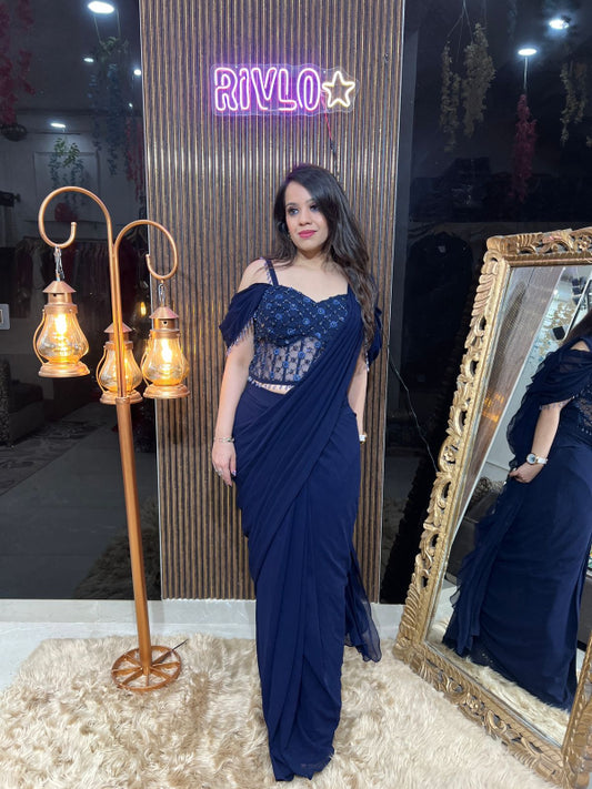 ✨ Navy Blue Pre-Draped Saree with Embellished Blouse ✨ RC320