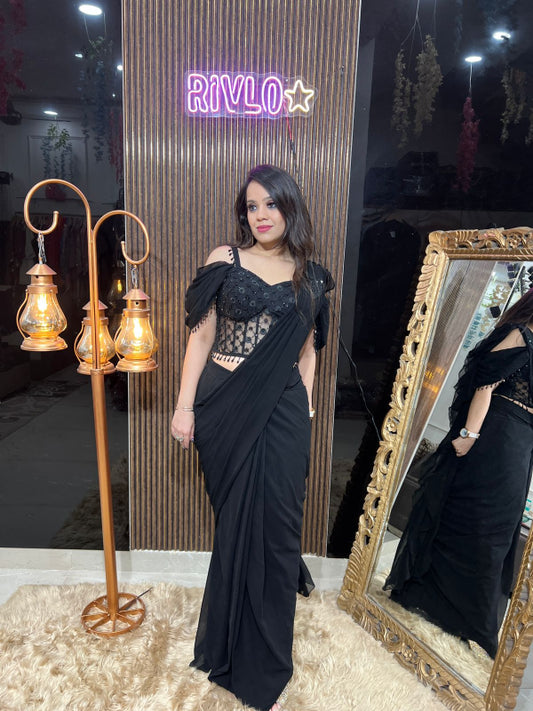 ✨ Black Pre-Draped Saree with Embellished Blouse ✨RC321