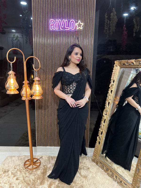✨ Black Pre-Draped Saree with Embellished Blouse ✨RC321