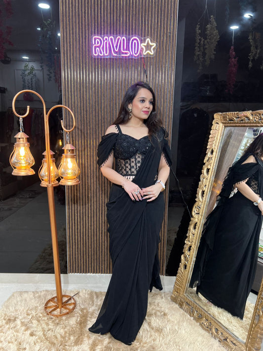 ✨ Black Pre-Draped Saree with Embellished Blouse ✨RC321