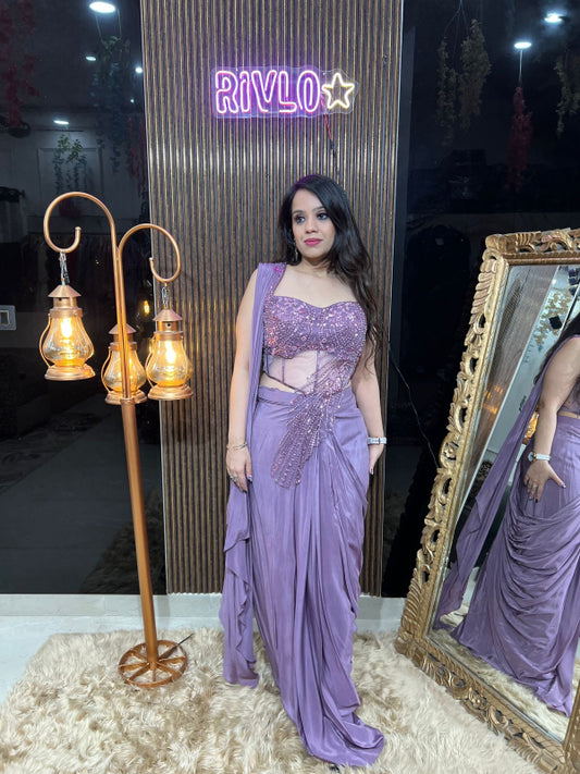 💜 Lavender Pre-Draped Saree with Embellished Corset Blouse 💜 RC324
