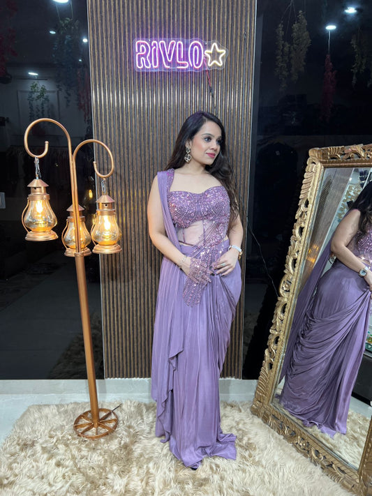 💜 Lavender Pre-Draped Saree with Embellished Corset Blouse 💜 RC324