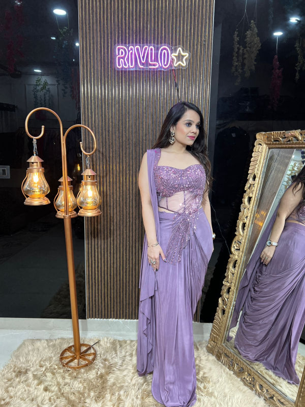 💜 Lavender Pre-Draped Saree with Embellished Corset Blouse 💜 RC324