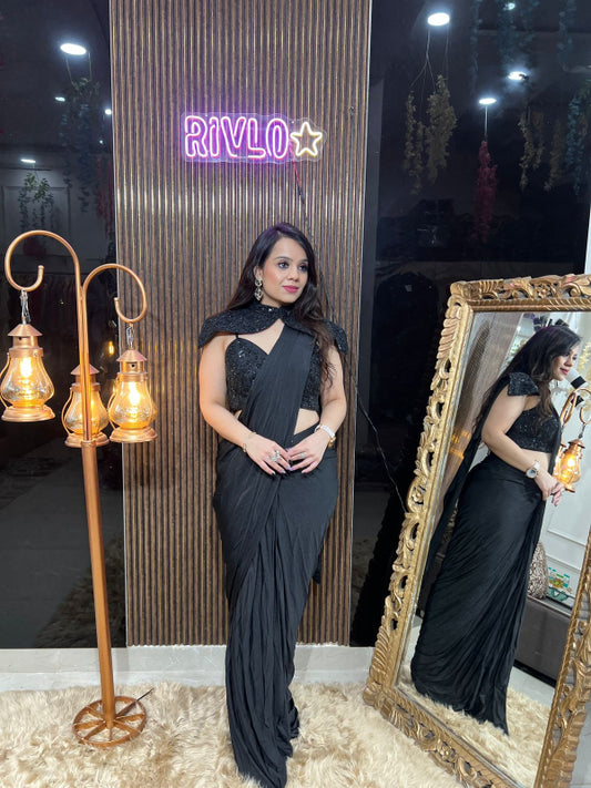 ✨ Black Pre-Draped Saree with Sequined Cape Blouse ✨ RC325