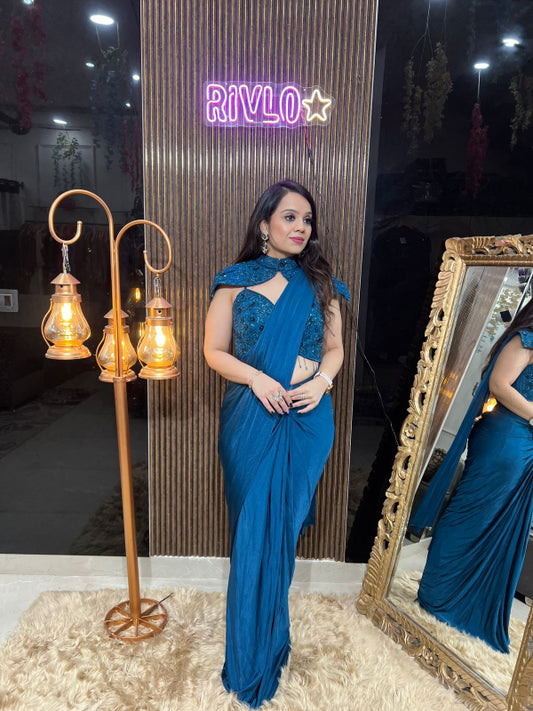 ✨ Blue Pre-Draped Saree with Sequined Cape Blouse ✨✨ P RC326