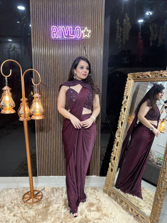 ✨ Wine Pre-Draped Saree with Sequined Cape Blouse ✨ RC327