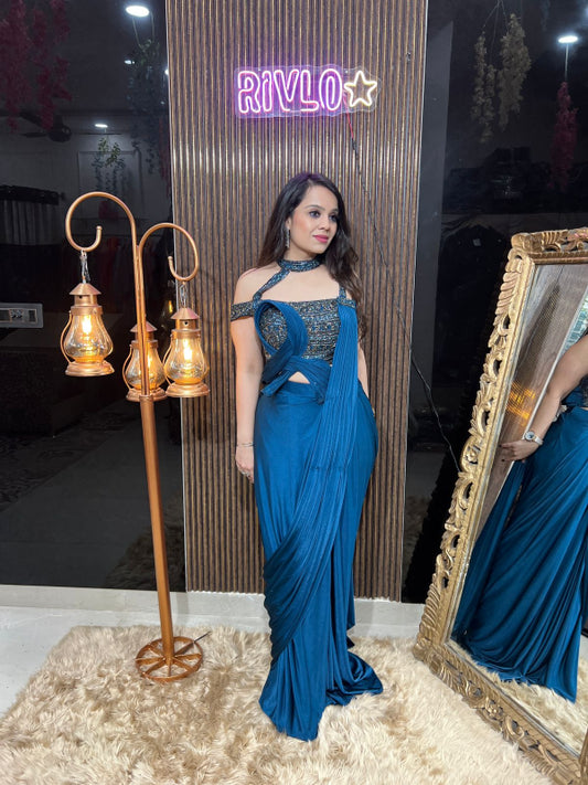 Midnight Teal Embellished Draped Saree  RC330