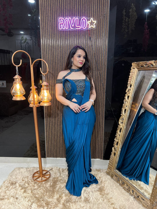 Midnight Teal Embellished Draped Saree  RC330