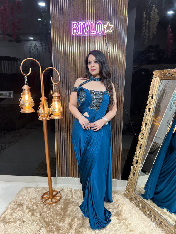 Midnight Teal Embellished Draped Saree  RC330