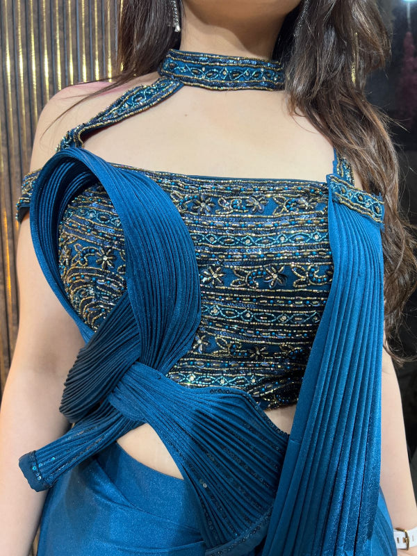 Midnight Teal Embellished Draped Saree  RC330