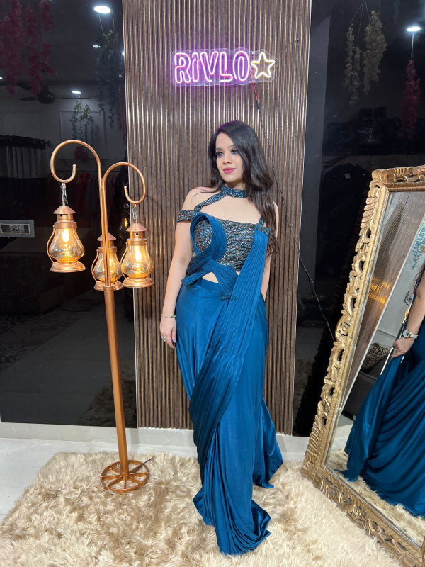 Midnight Teal Embellished Draped Saree  RC330
