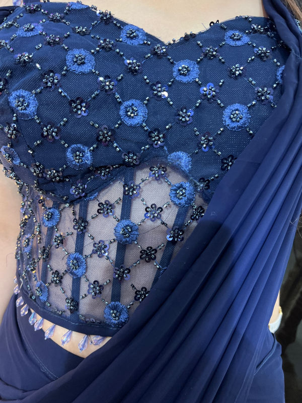 ✨ Navy Blue Pre-Draped Saree with Embellished Blouse ✨ RC320