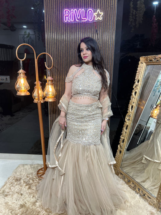 Champagne Gold Embroidered Mermaid Lehenga Set RC331