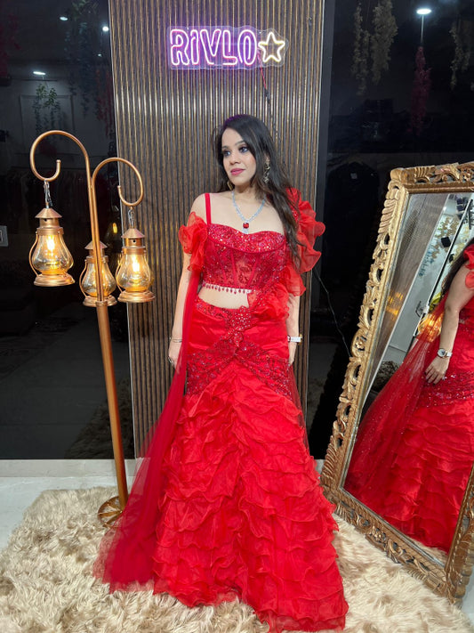 Red Ruffle Corset Lehenga Set RC340