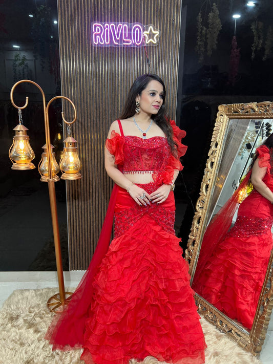 Red Ruffle Corset Lehenga Set RC340