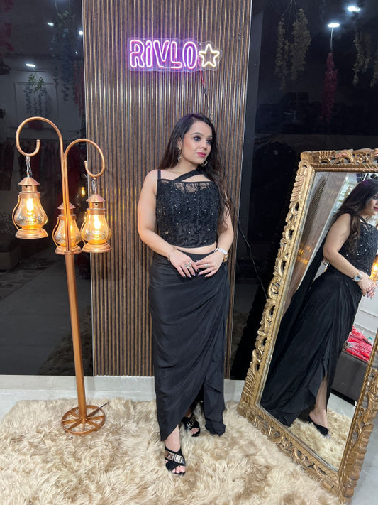 Black Embellished Crop Top with Draped Slit Skirt RC336