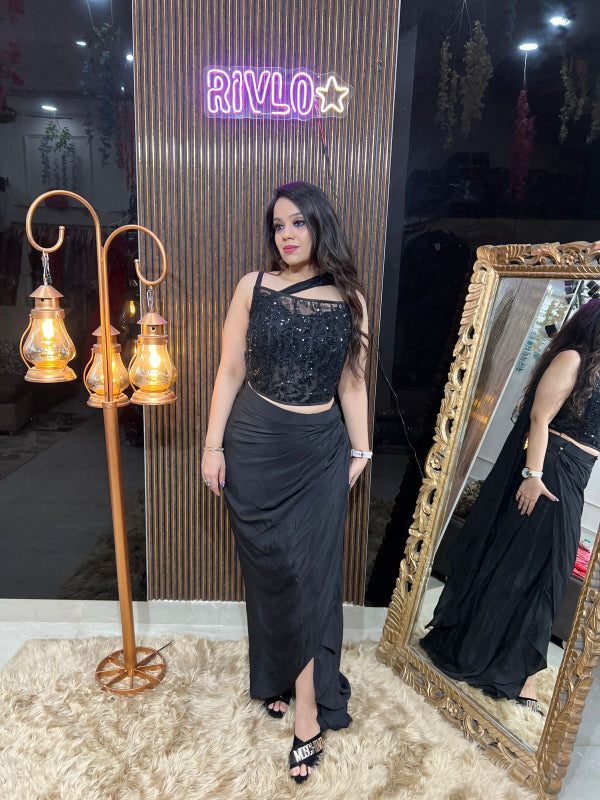 Black Embellished Crop Top with Draped Slit Skirt RC336