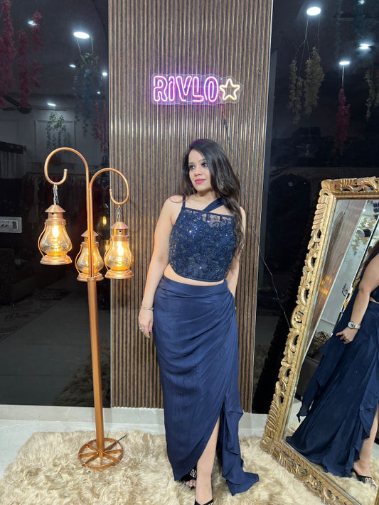 Blue Embellished Crop Top with Draped Slit Skirt RC337
