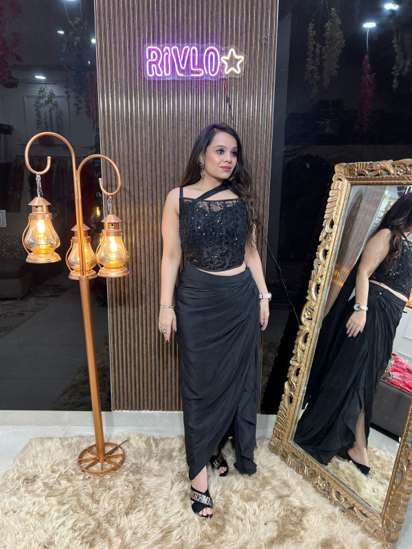 Black Embellished Crop Top with Draped Slit Skirt RC336