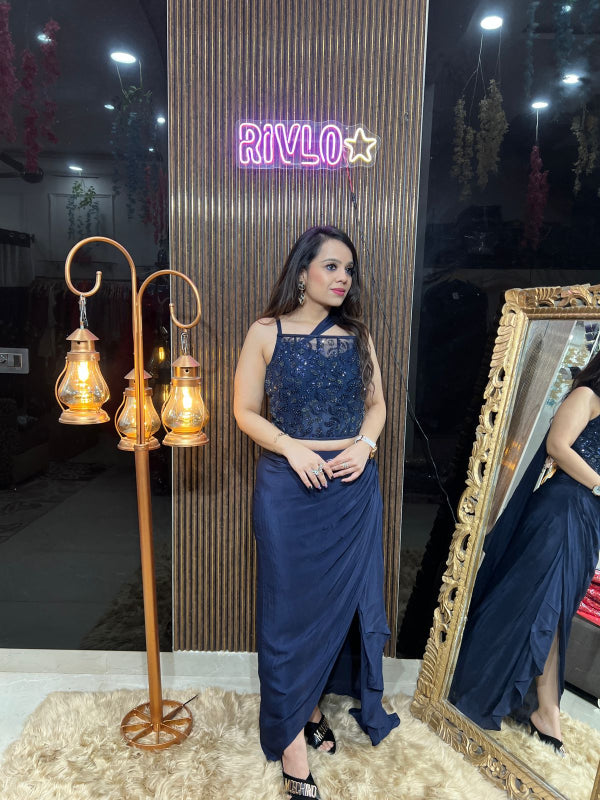 Blue Embellished Crop Top with Draped Slit Skirt RC337