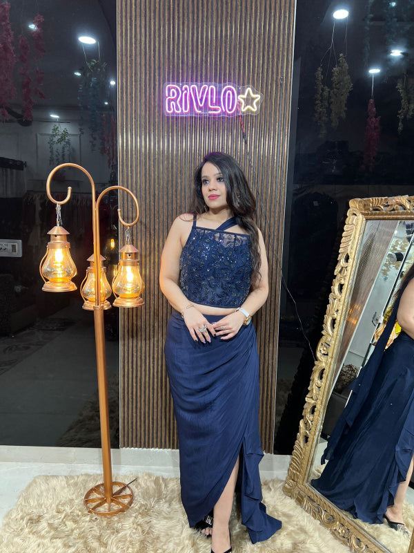 Blue Embellished Crop Top with Draped Slit Skirt RC337