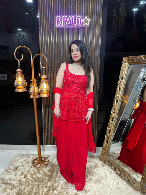 Crimson Red Peplum Dhoti Set RC363