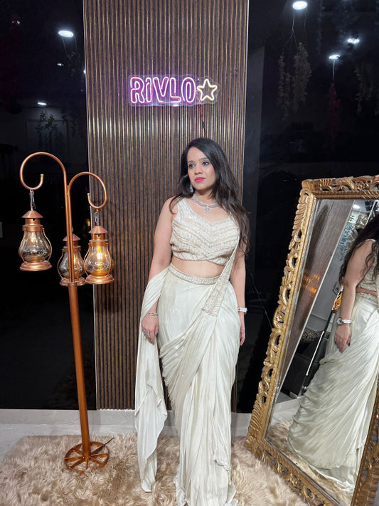 Ivory Draped Saree Set RC362