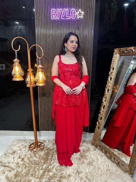 Crimson Red Peplum Dhoti Set RC363