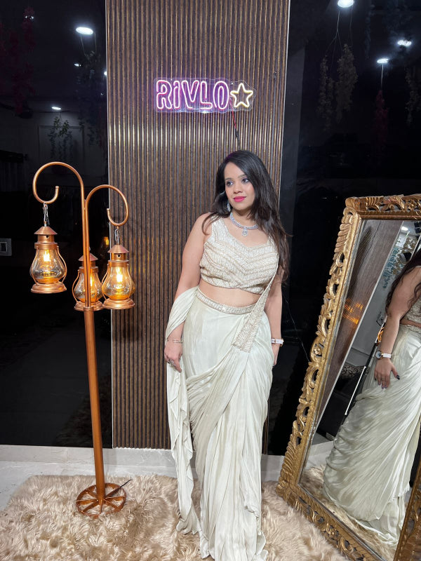 Ivory Draped Saree Set RC362