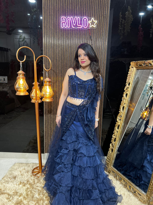 Midnight Ruffle Elegance – Navy Blue Embellished Lehenga Set RC368