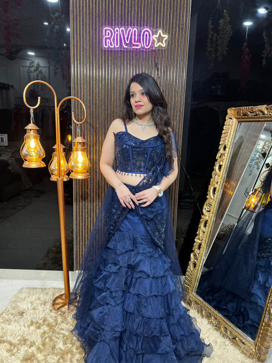Midnight Ruffle Elegance – Navy Blue Embellished Lehenga Set RC368