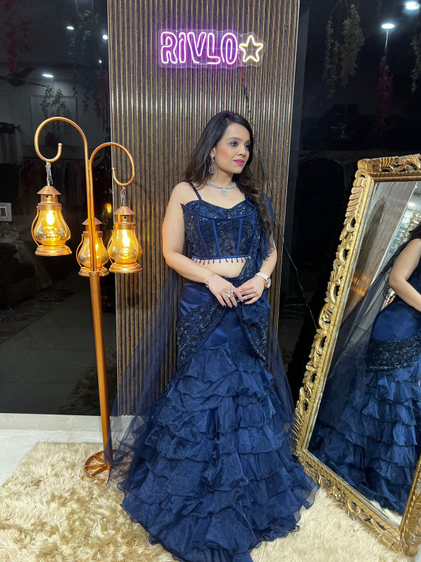 Midnight Ruffle Elegance – Navy Blue Embellished Lehenga Set RC368