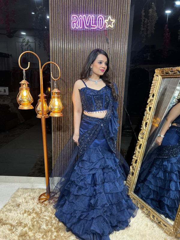 Midnight Ruffle Elegance – Navy Blue Embellished Lehenga Set RC368