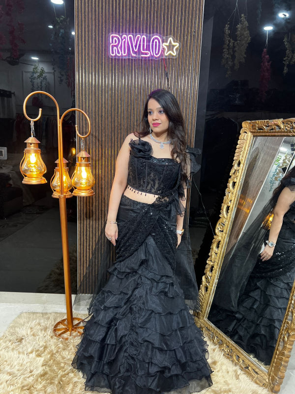Black Luxe Ruffle Lehenga – Glamour Meets Grace RC369