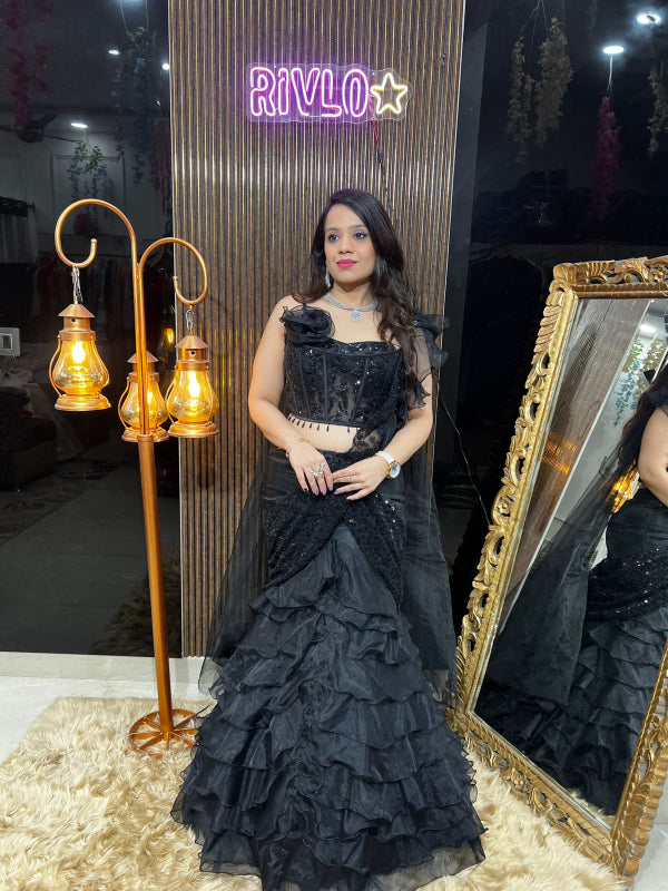 Black Luxe Ruffle Lehenga – Glamour Meets Grace RC369