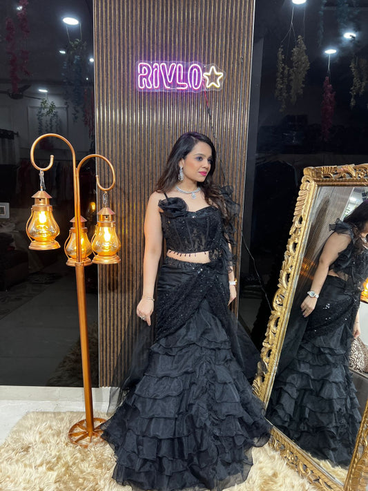 Black Luxe Ruffle Lehenga – Glamour Meets Grace RC369