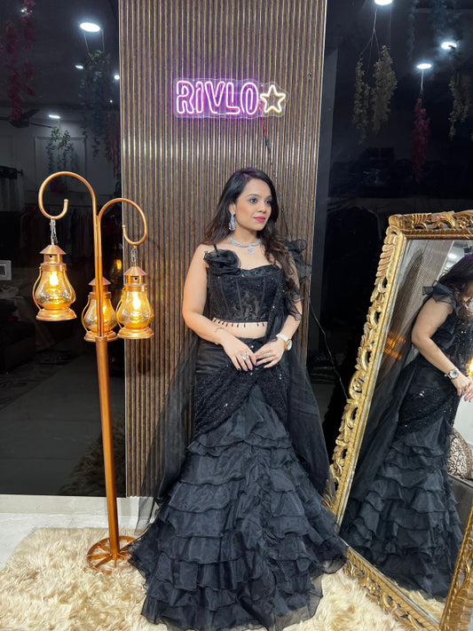Black Luxe Ruffle Lehenga – Glamour Meets Grace RC369