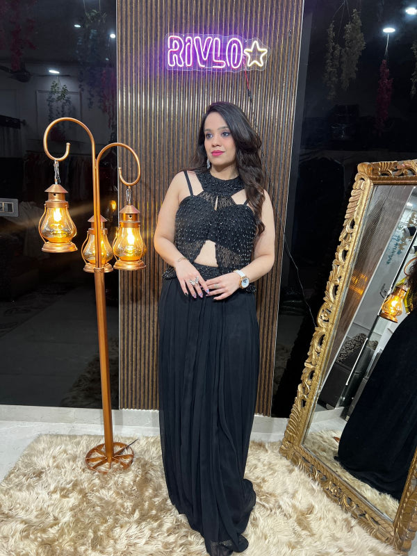 🖤 Black Embellished Pre-Draped Saree 🖤 RC367
