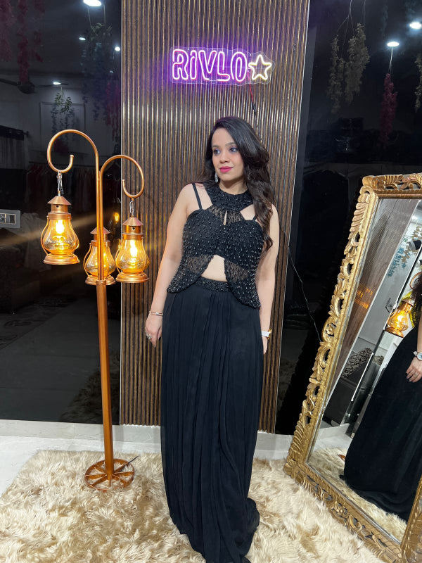 🖤 Black Embellished Pre-Draped Saree 🖤 RC367