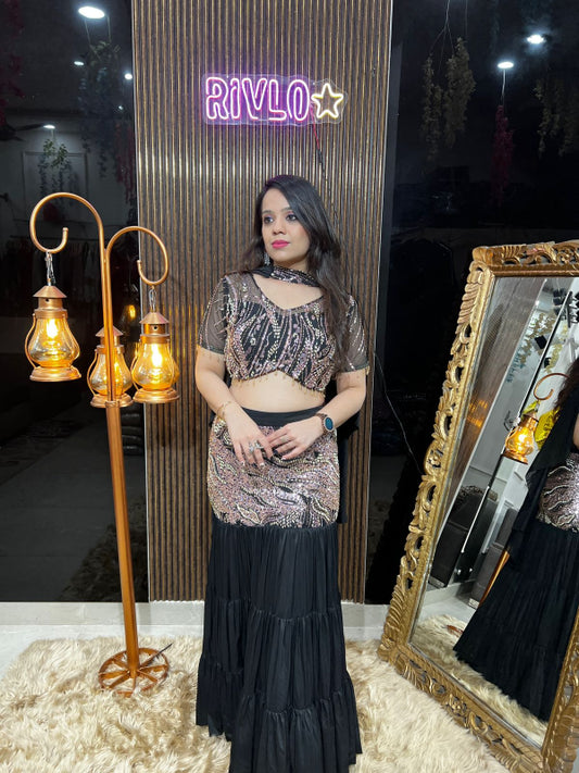 ✨ Beige And Black Tiered Skirt & Embellished Blouse Set ✨ RC372