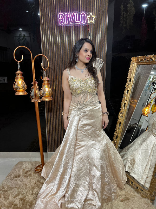 Champagne Gold Embellished Gown with Structured Shoulder Detail RC374