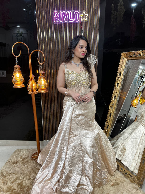 Champagne Gold Embellished Gown with Structured Shoulder Detail RC374