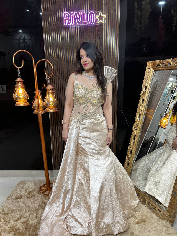 Champagne Gold Embellished Gown with Structured Shoulder Detail RC374